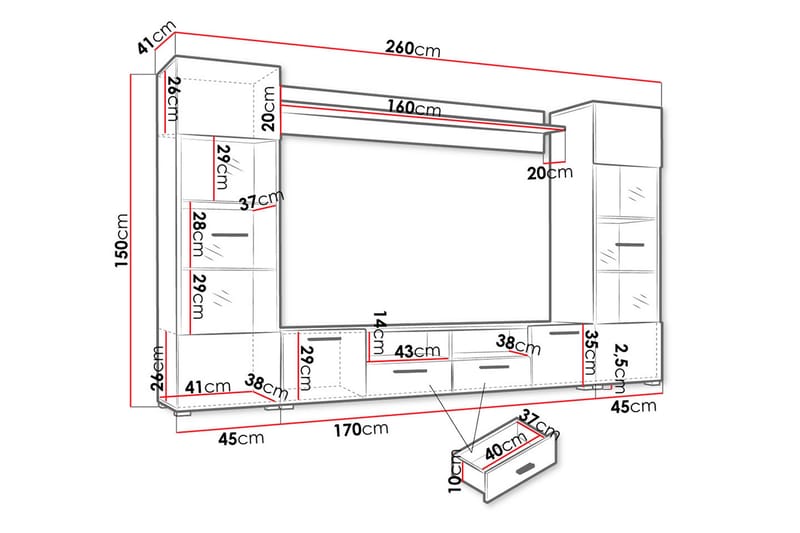 Apryl Moderne TV-mediamøbel med Vitrineskap og LED-belysning 260 cm bred 150 cm høy - Svart / Tre / Glass - Møbler - Mediamøbel & tv møbel - TV-møbelsett