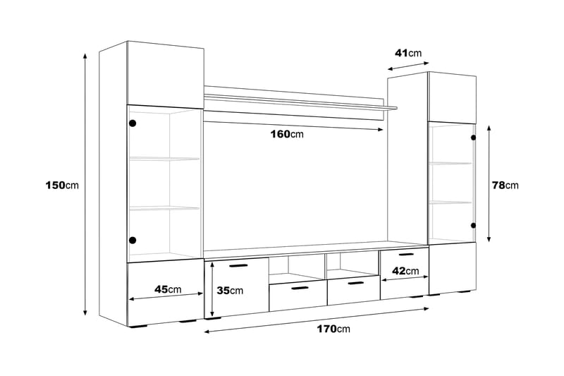 Mellon TV Møbelsett med Oppbevaring + Hyller 41x260 cm - Glass / Hvit - Møbler - Mediamøbel & tv møbel - TV-møbelsett