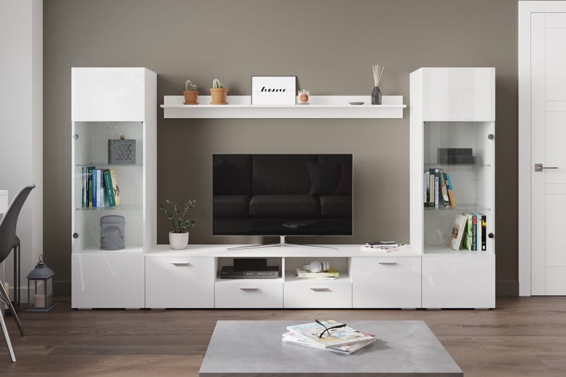 Mellon TV Møbelsett med Oppbevaring + Hyller 41x260 cm - Glass / Hvit - Møbler - Mediamøbel & tv møbel - TV-møbelsett