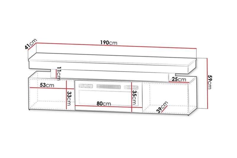 Glenndale TV benk med oppbevaring + LED kamin + Belysning 190 cm - Hvit - Møbler - Mediamøbel & tv møbel - TV-skap