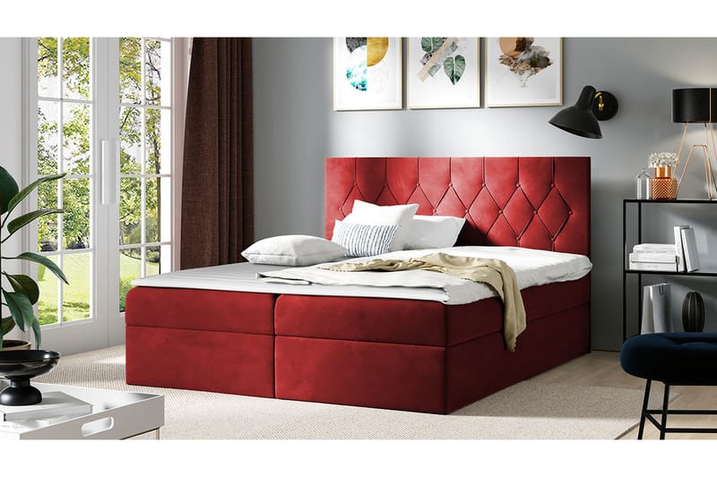 Kontinentalseng 144x208 cm - Rød - Komplett sengepakke - Seng med oppbevaring - Dobbeltsenger - Familieseng