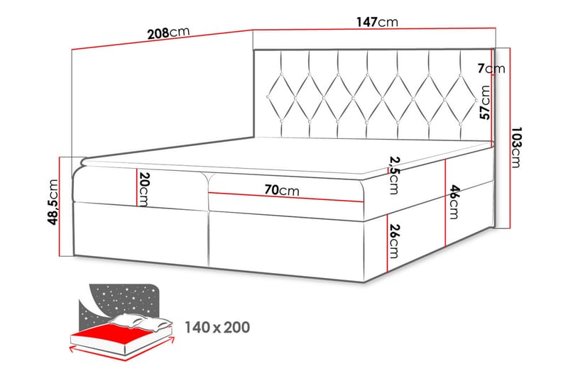 Kontinentalseng 144x208 cm - Rød - Komplett sengepakke - Seng med oppbevaring - Dobbeltsenger - Familieseng