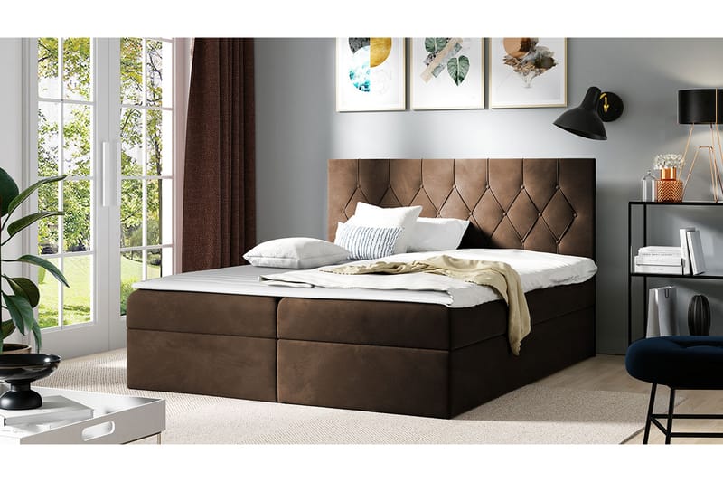 Kontinentalseng 204x208 cm - Brun - Komplett sengepakke - Seng med oppbevaring - Dobbeltsenger - Familieseng