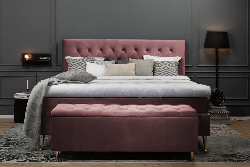 Royal Velvet Komplett Sengepakke 160x200 cm - Rosa Fløyel/Dreide Ben - Møbler - Senger - Komplett sengepakke