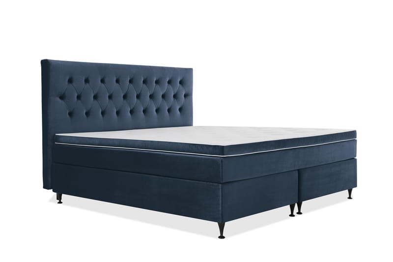 Royal Velvet Komplett Sengepakke 210x210 cm - Mørkeblå Fløyel/Lave Svarte Ben - Møbler - Senger - Komplett sengepakke