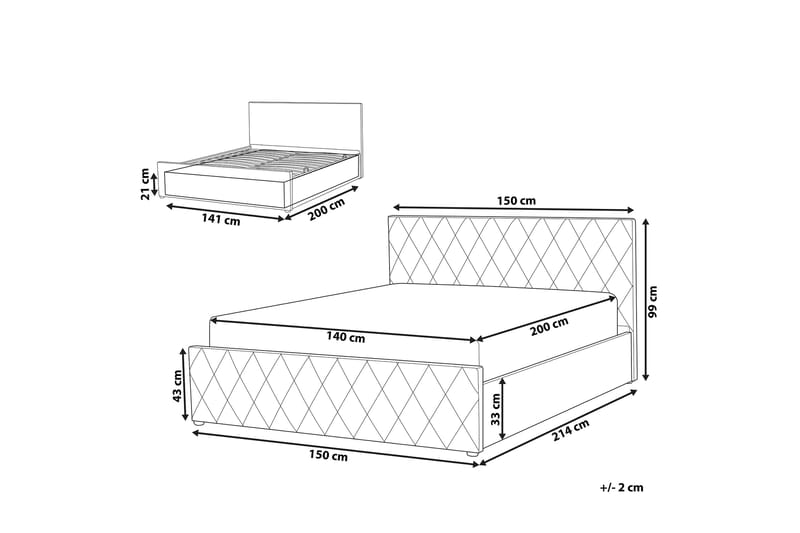 Rochefort Oppbevaringsseng 140x200 cm - Fløyel/Grå - Seng med oppbevaring