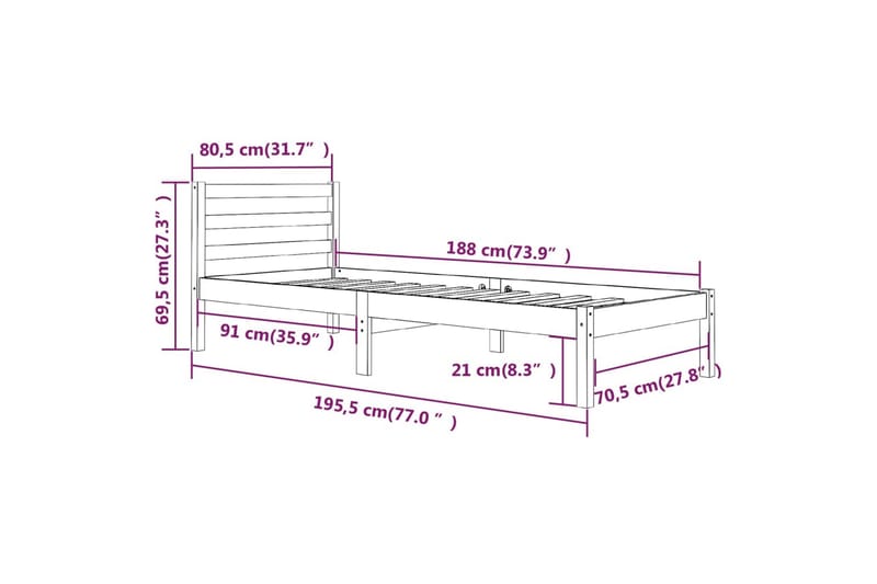 Sengeramme heltre furu 75x190 cm 2FT6 Small Single - Brun - Møbler - Senger - Sengeramme & sengestamme