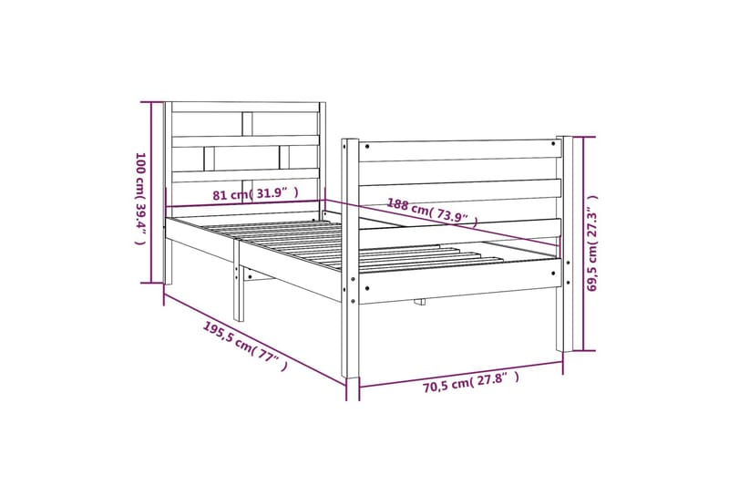 Sengeramme hvit heltre 75x190 cm 2FT6 Small Single - Hvit - Møbler - Senger - Sengeramme & sengestamme