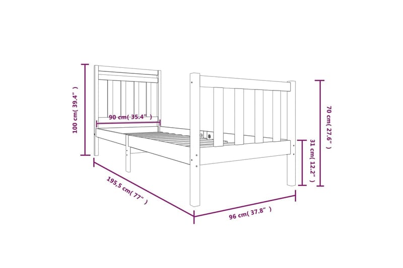 Sengeramme hvit heltre 90x190 cm 3FT6 Single - Hvit - Møbler - Senger - Sengeramme & sengestamme