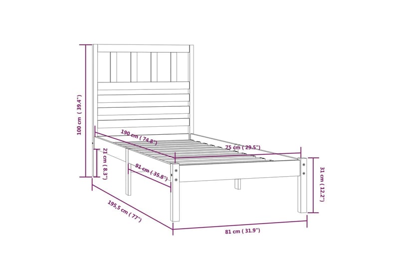 Sengeramme hvit heltre furu 75x190 cm 2FT6 Small Single - Hvit - Møbler - Senger - Sengeramme & sengestamme