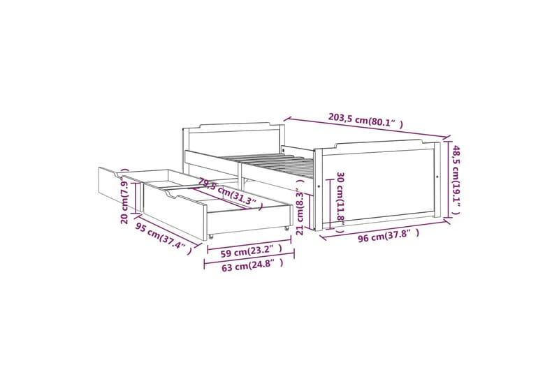 Sengeramme med skuffer hvit heltre furu 90x200 cm - Hvit - Møbler - Senger - Sengeramme & sengestamme