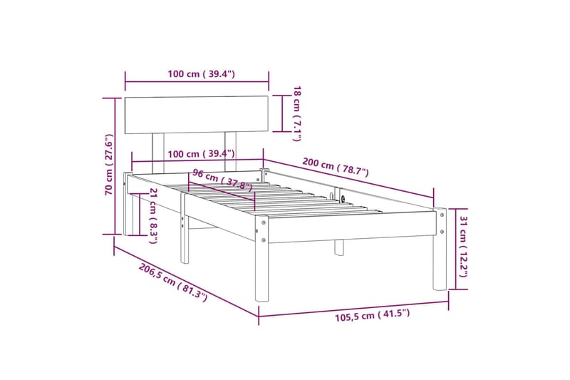 Sengeramme grå heltre furu 100x200 cm - Grå - Møbler - Senger - Sengeramme & sengestamme