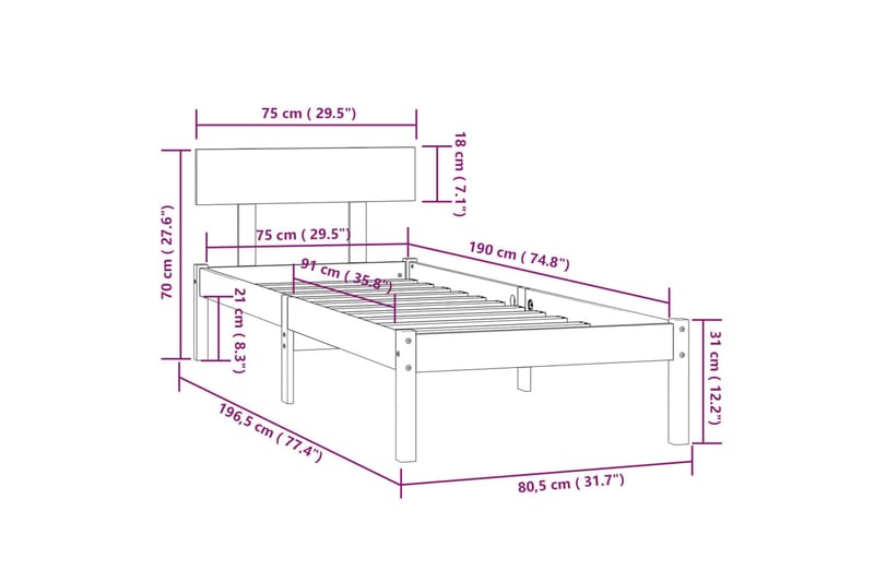 Sengeramme heltre furu 75x190 cm UK Small Single - Brun - Møbler - Senger - Sengeramme & sengestamme