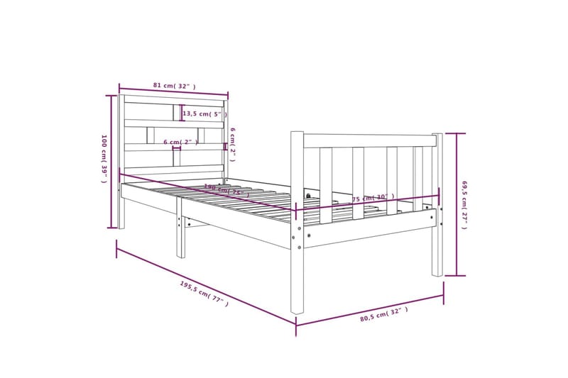 Sengeramme svart heltre furu 75x190 cm 2FT6 Small Single - Svart - Møbler - Senger - Sengeramme & sengestamme