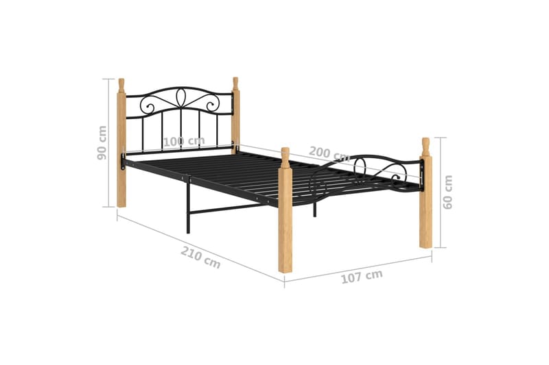 Sengeramme svart metall og heltre eik 100x200 cm - Svart - Møbler - Senger - Sengeramme & sengestamme