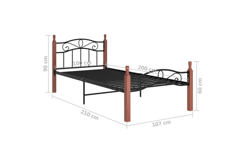 Sengeramme svart metall og heltre eik 100x200 cm - Svart - Møbler - Senger - Sengeramme & sengestamme