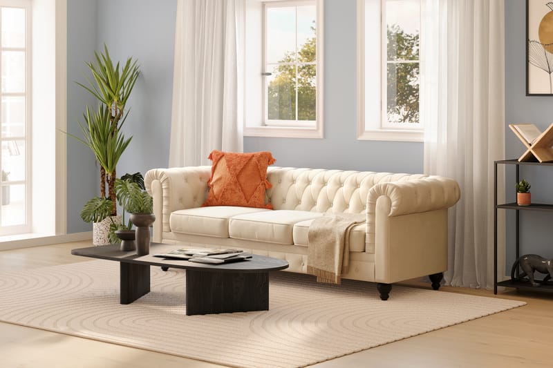 Chesterfield Luksus 3-seters Fløyelsofa 225 cm bred - Beige / Hvit / Lys - Møbler - Sofaer - Chesterfield sofaer