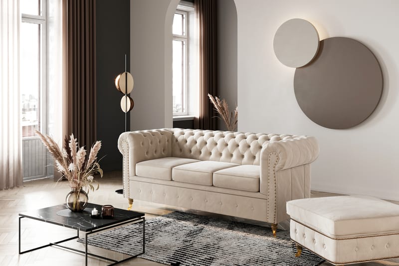 Chesterfield Deluxe Fløyelsofa 3-seters - Beige / Lys - Møbler - Sofaer - Fløyel sofaer