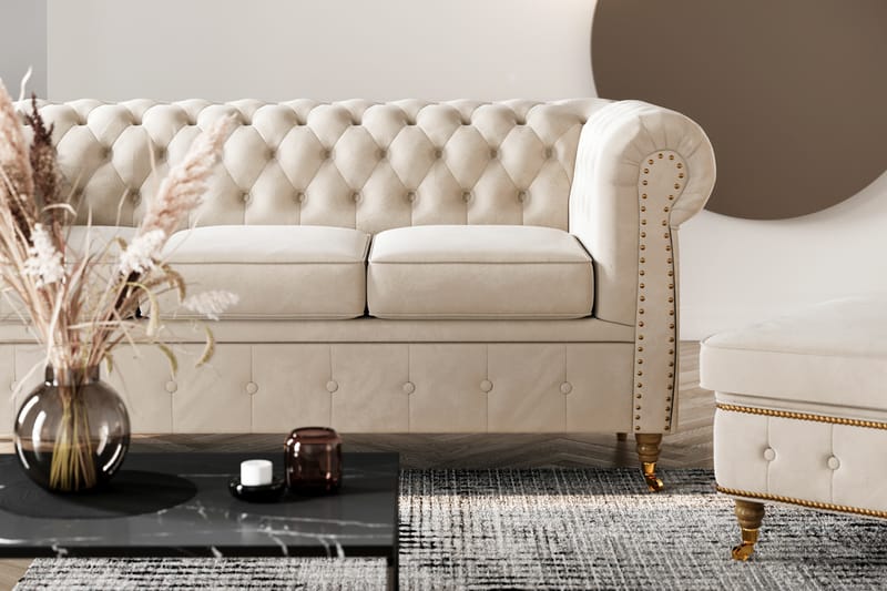 Chesterfield Deluxe Fløyelsofa 3-seters - Beige / Lys - Møbler - Sofaer - Fløyel sofaer