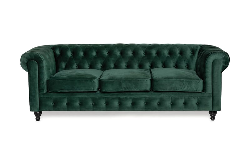 Chesterfield Luksus 3-seters Fløyelsofa 222 cm bred - Mørkegrønn / Grønn - Møbler - Sofaer - Fløyel sofaer