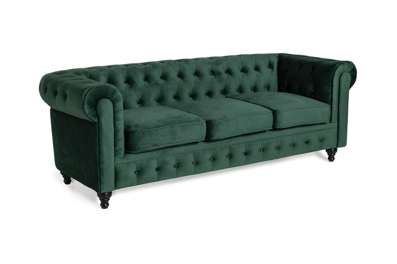 Chesterfield Luksus 3-seters Fløyelsofa 222 cm bred - Mørkegrønn / Grønn - Møbler - Sofaer - Fløyel sofaer