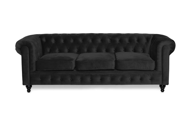 Chesterfield Luksus 3-seters Svart Fløyelsofa 222 cm bred - Svart - Møbler - Sofaer - Fløyel sofaer