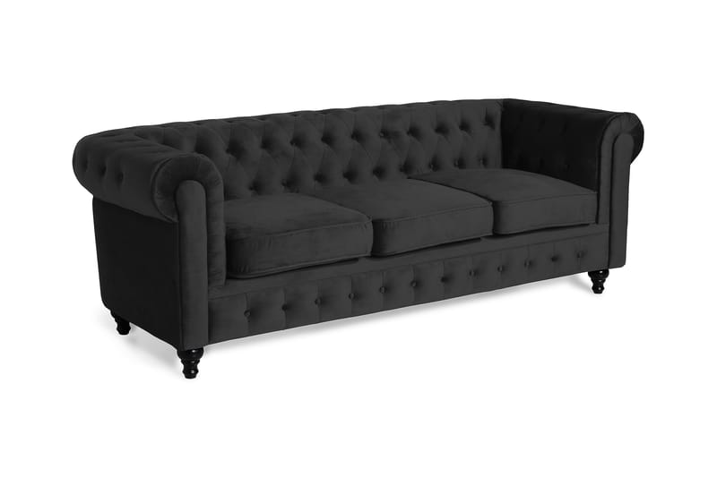 Chesterfield Luksus 3-seters Svart Fløyelsofa 222 cm bred - Svart - Møbler - Sofaer - Fløyel sofaer