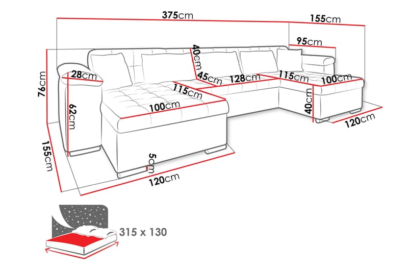 Kinzer Sofa Dobbel sjeselong 5-seter - Blå - Møbler - Sofaer - U-sofa