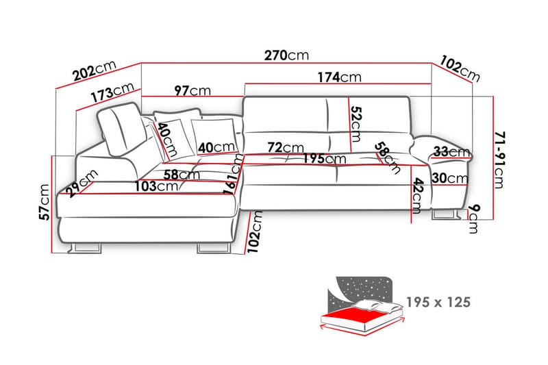 Reginia Sofa med Sjeselong 3-seter - Blå/Lys grå - Møbler - Sofaer - Sofa med sjeselong