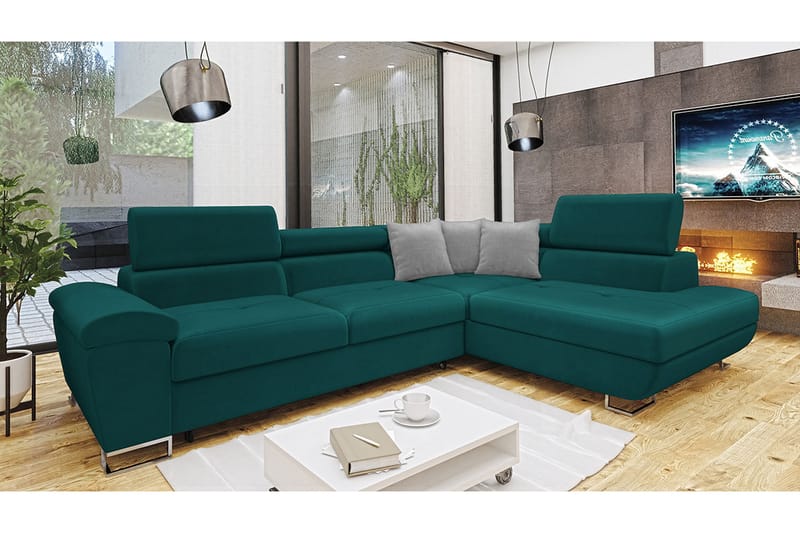 Reginia Sofa med Sjeselong 3-seter - Turkis/Lys grå - Møbler - Sofaer - Sofa med sjeselong