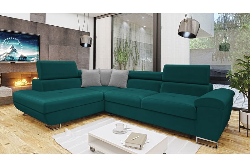 Reginia Sofa med Sjeselong 3-seter - Turkis/Lys grå - Møbler - Sofaer - Sofa med sjeselong