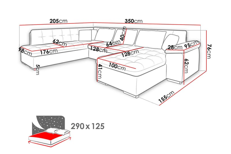 Dynir Stor Hjørnesovesofa Divan med Oppbevaring Høyre 350 cm - Svart / Grå - Møbler - Sofaer - Skinnsofaer