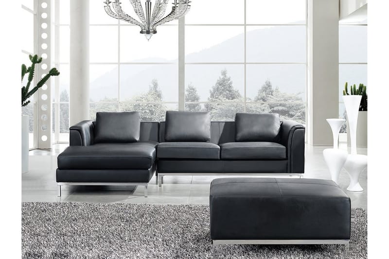 Dugard Hjørnesofa Høyre + Fotskammel - Svart/Lær - Møbler - Sofaer - Sofa med sjeselong - 4 seters sofa med divan