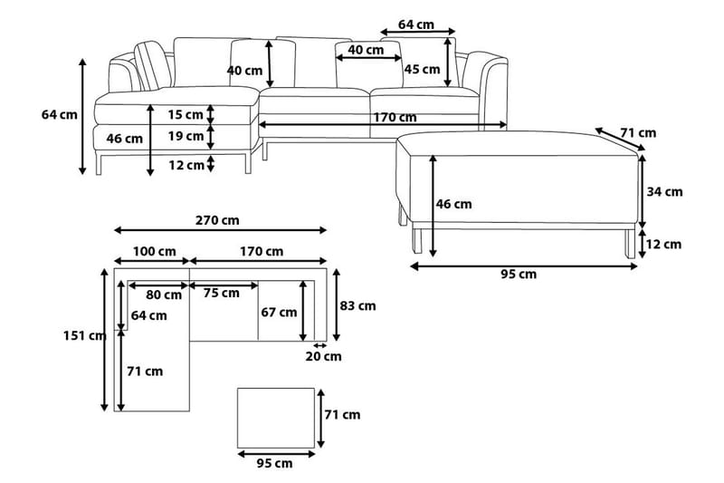 Dugard Hjørnesofa Høyre + Fotskammel - Svart/Lær - Møbler - Sofaer - Sofa med sjeselong - 4 seters sofa med divan