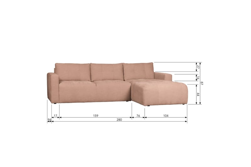 Hippylur 3-Seters Sofa Høyre - Rosa - Møbler - Sofaer - Sofa med sjeselong