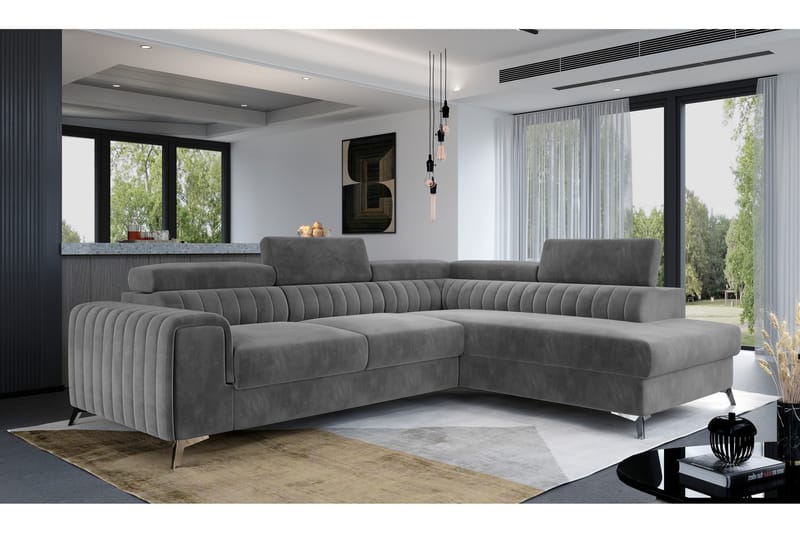 Laurece Sjeselongsofa Høyre - Grå - Sofa med sjeselong - Skinnsofaer - 2 seters sofa med divan - 3 seters sofa med divan - 4 seters sofa med divan - Fløyel sofaer