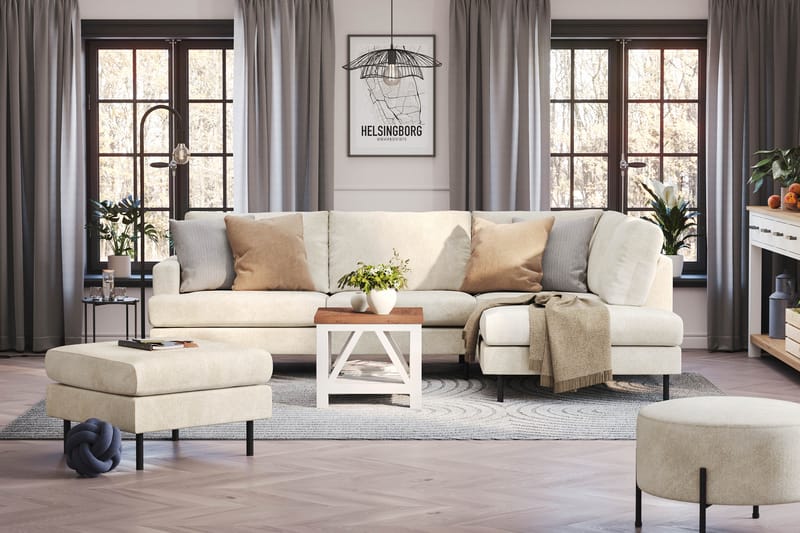 Menard Compact 4-seters Fløyel L Sofa med Sjeselong Høyre - Beige / Hvit - Møbler - Sofaer - Sofa med sjeselong