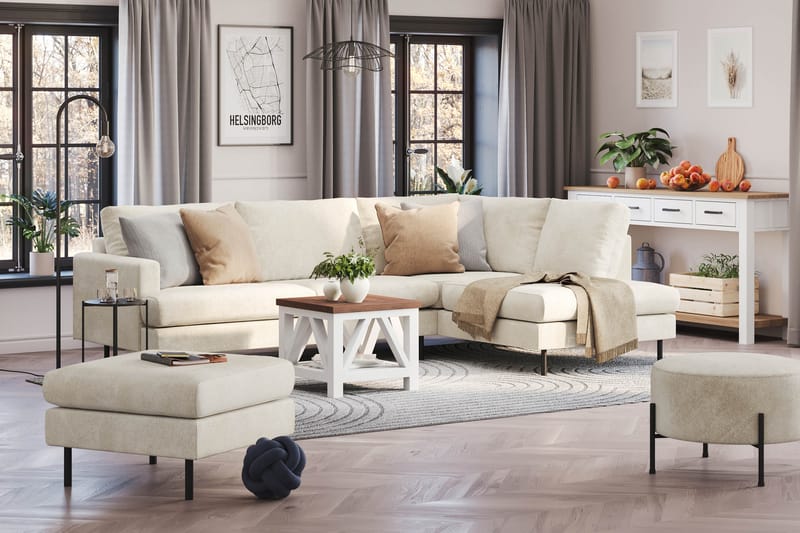 Menard Compact 4-seters Fløyel L Sofa med Sjeselong Høyre - Beige / Hvit - Møbler - Sofaer - Sofa med sjeselong