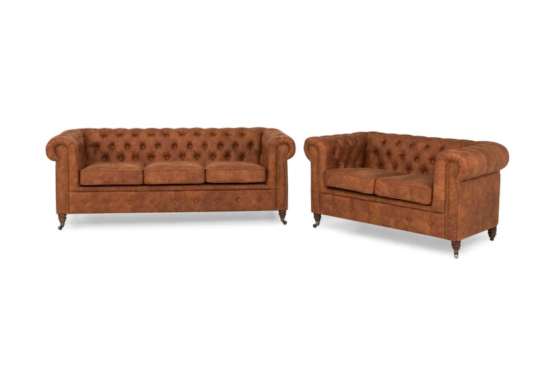 Chesterfield Deluxe Sofagruppe 3+2 Lærutseende - Cognac / Brun - Møbler - Sofaer - Sofagrupper - Chesterfield sofagruppe