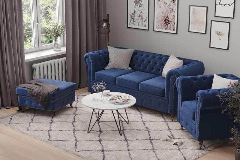 Chesterfield Deluxe Sofagruppe 3-seter+2-seter Fløyel - Petrolblå - Møbler - Sofaer - Sofagrupper - Chesterfield sofagruppe