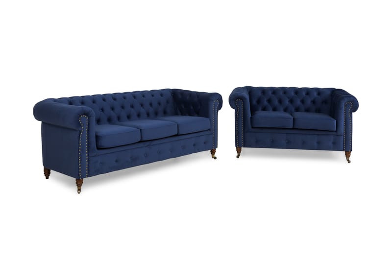 Chesterfield Deluxe Sofagruppe 3-seter+2-seter Fløyel - Petrolblå - Møbler - Sofaer - Sofagrupper - Chesterfield sofagruppe