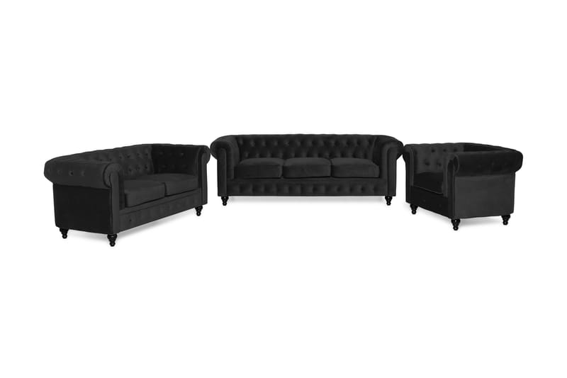 Chesterfield Luksus Moderne Sofagruppe 3+2+1 i Fløyel - Svart - Møbler - Sofaer - Sofagrupper - Sofagruppe 3 2 1