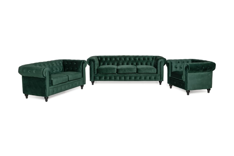 Chesterfield Luksus Sofagruppe 3+2+1 i Fløyel - Mørkegrønn / Grønn - Møbler - Sofaer - Sofagrupper - Sofagruppe 3 2 1