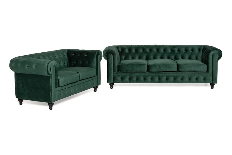 Chesterfield Luksus Sofagruppe 3+2 i Fløyel - Mørkegrønn / Grønn - Møbler - Sofaer - Sofagrupper - Chesterfield sofagruppe