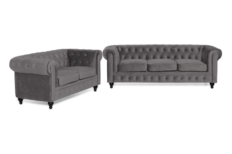 Chesterfield Luksus Sofagruppe 3+2 i Fløyel - Mørkgrå / Grå - Møbler - Sofaer - Sofagrupper - Chesterfield sofagruppe