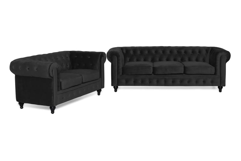 Chesterfield Luksus Sofagruppe 3+2 i Fløyel - Svart - Møbler - Sofaer - Sofagrupper - Chesterfield sofagruppe