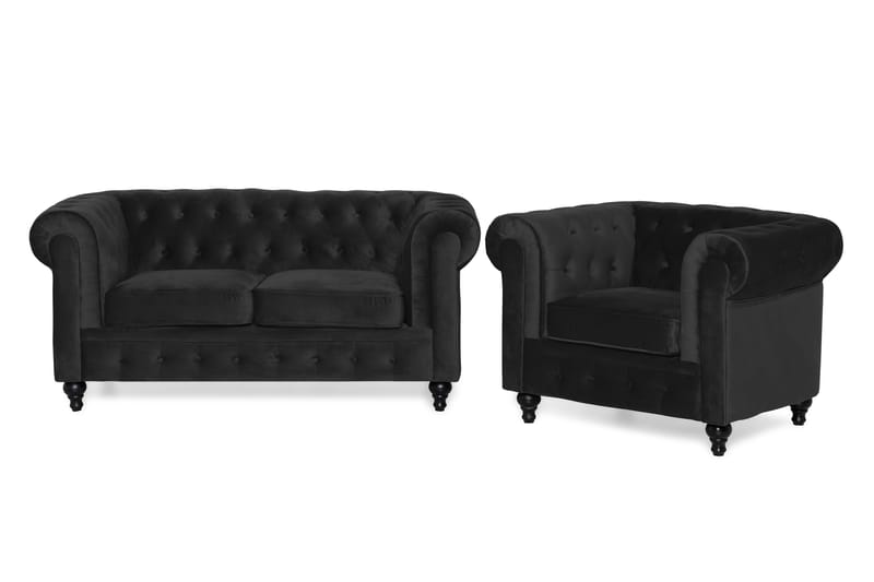 Chesterfield Lyx Sofagruppe 2-seter+Lenestol Fløyel - Svart - Møbler - Sofaer - Sofagrupper - Chesterfield sofagruppe