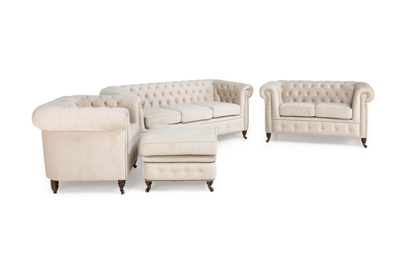 Chesterfield Deluxe Sofagruppe 3+2+1 med Fotskammel Fløyel - Beige - Møbler - Sofaer - Sofagrupper - Howard sofagruppe