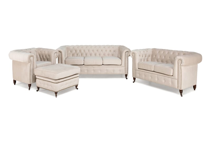 Chesterfield Deluxe Sofagruppe 3+2+1 med Fotskammel Fløyel - Beige - Møbler - Sofaer - Sofagrupper - Howard sofagruppe