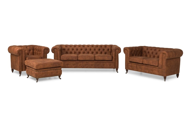 Chesterfield Deluxe Sofagruppe 3+2+1 med Fotskammel Lærutseende - Cognac / Brun - Møbler - Sofaer - Sofagrupper - Howard sofagruppe